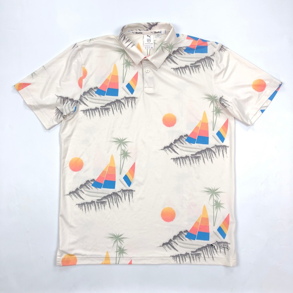 Puma x Duvin Mens Golf Polo Shirt White Tropical Sailboat Print Size M 599427-01